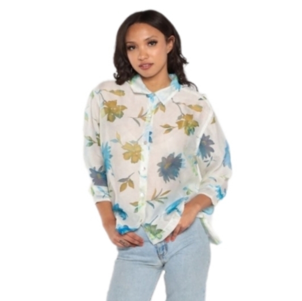 Notations Blouse Y2K Sheer Floral Button Down Blouse White Size XL